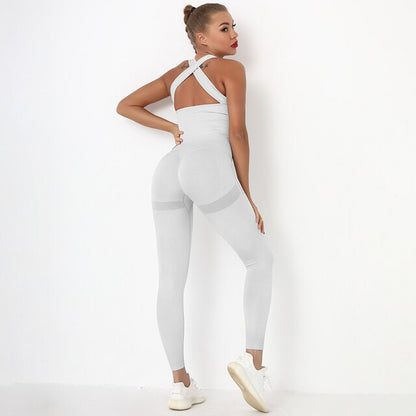 One Piece Rompers Yoga Set Women Gym Clothes Fitness Workout Set Seamless Pocket Leggings Sleeveless Sportswear Sports Suits